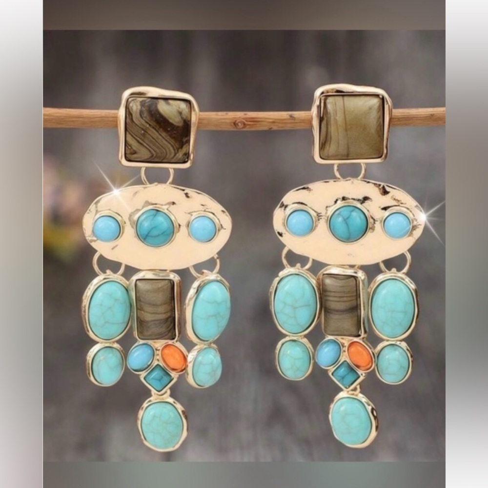 Turquoise Bohemian Drop Earrings 24k Gold Plated New